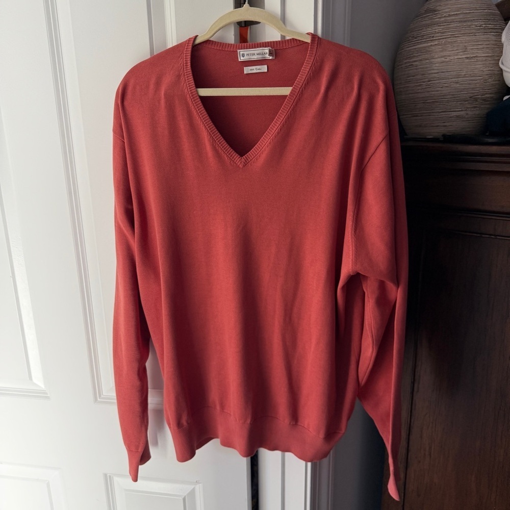 Peter Millar Men’s V Neck Sweater‎ Rust Cotton Long Sleeve Pullover